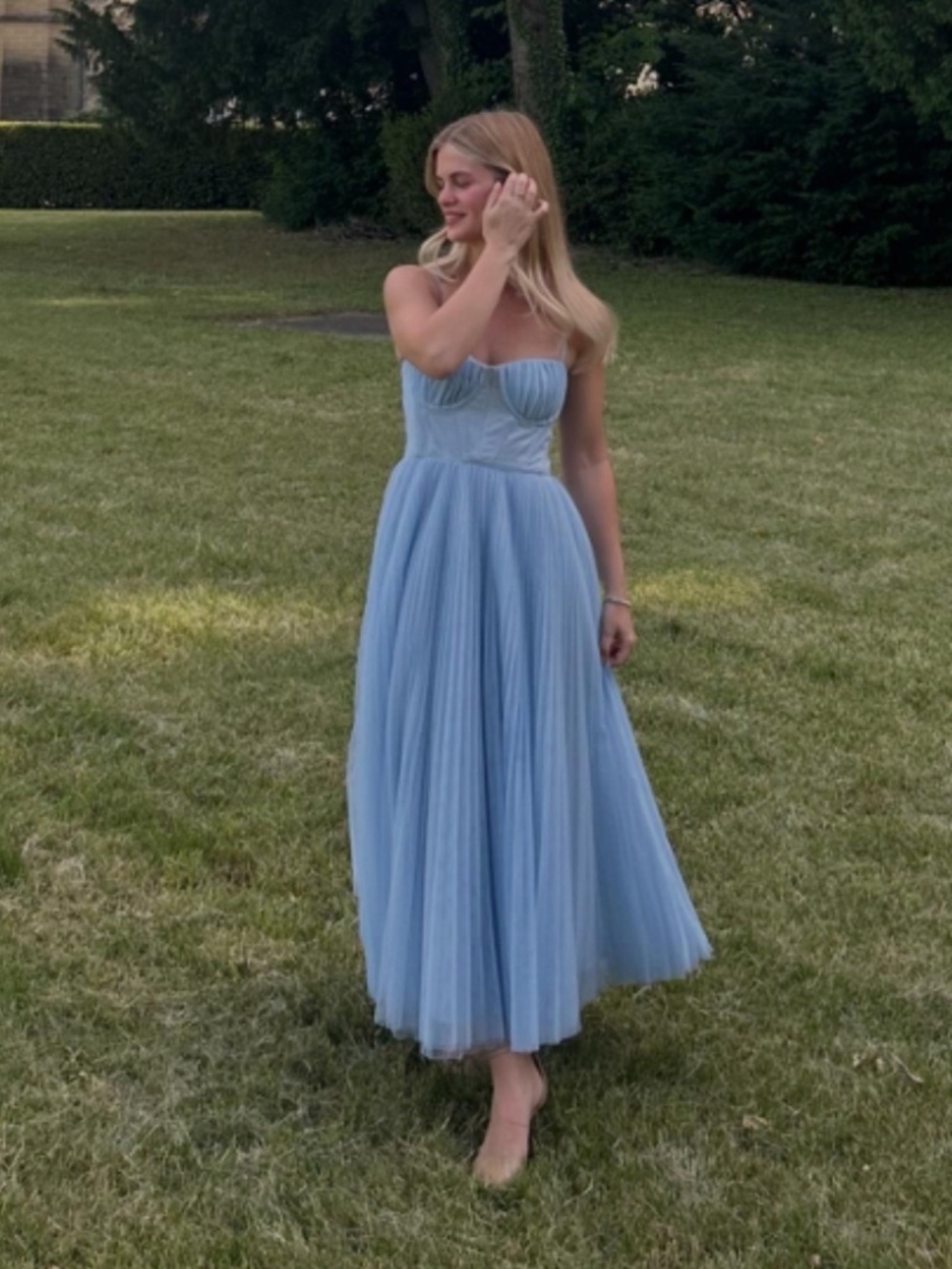 Hutch Amara Corset Pleated Tulle Fit & Flare Midi Dress in Light Blue Size 6
